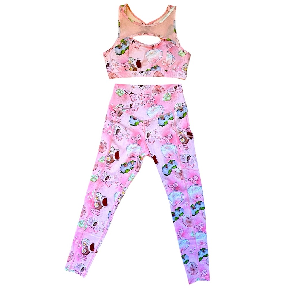 Iron Yokai Pink Sakura Mochi Keyhole Sports Bra & V-Cut Leggings Activewear Set